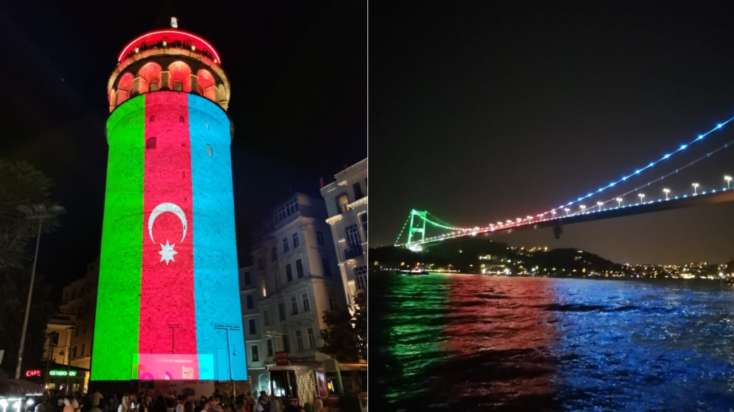 İstanbulun rəmzləri bayrağımızın rənglərinə büründü - 