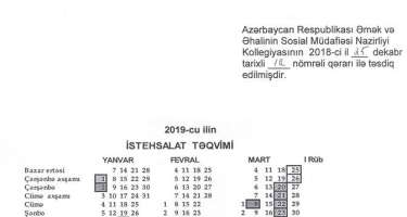 ​2019-cu ilin iş vaxtı norması və istehsalat təqvimi təsdiq edilib