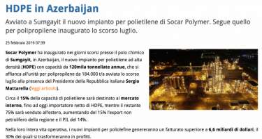 İtaliya mətbuatında “SOCAR Polymer” zavodundan bəhs olunub