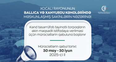 Bu torpaqların istifadəsi üçün müraciətlərin qəbuluna başlanılır