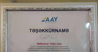 Metbuat.az-a TƏŞƏKKÜRNAMƏ verildi