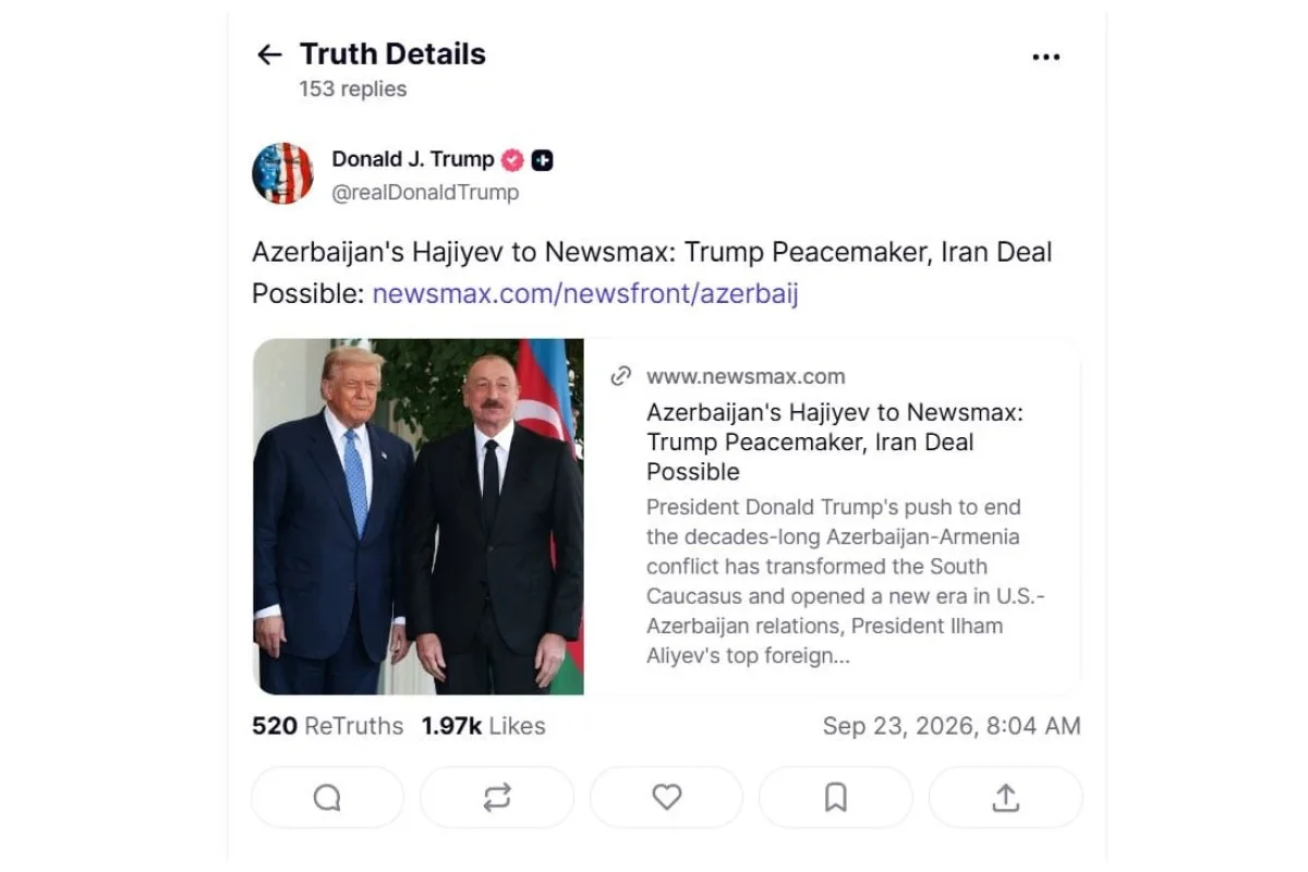 Tramp Hikmət Hacıyevin "Newsmax"a müsahibəsini paylaşdı -
