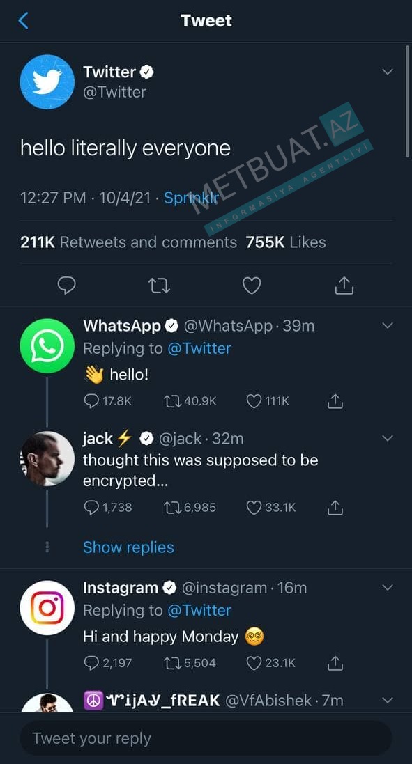 "Twitter" və "Telegram"dan problemə REAKSİYA: "Facebook" və "Instagram"ın işləməməsinə sevinirlər -