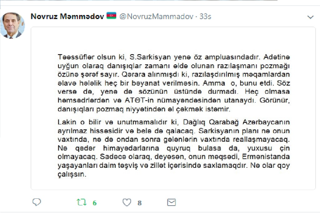 “Sarkisyan heç olmasa, həmsədrlərdən utanaydı”