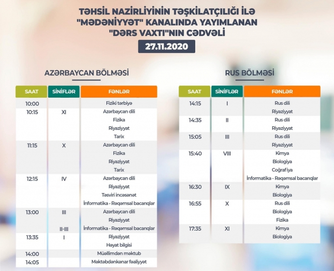 "Dərs vaxtı"nın bu günə olan cədvəli - 