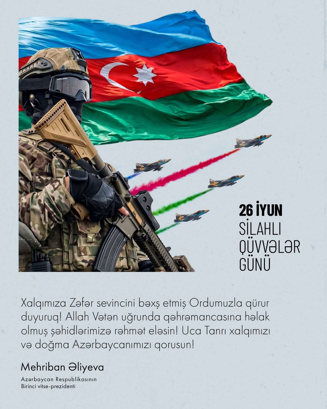 Mehriban Əliyeva 26 iyun - Silahlı Qüvvələr Günü münasibətilə paylaşım edib