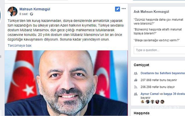 Mahsun Kırmızıgül Mübariz Mənsimova belə dəstək oldu -