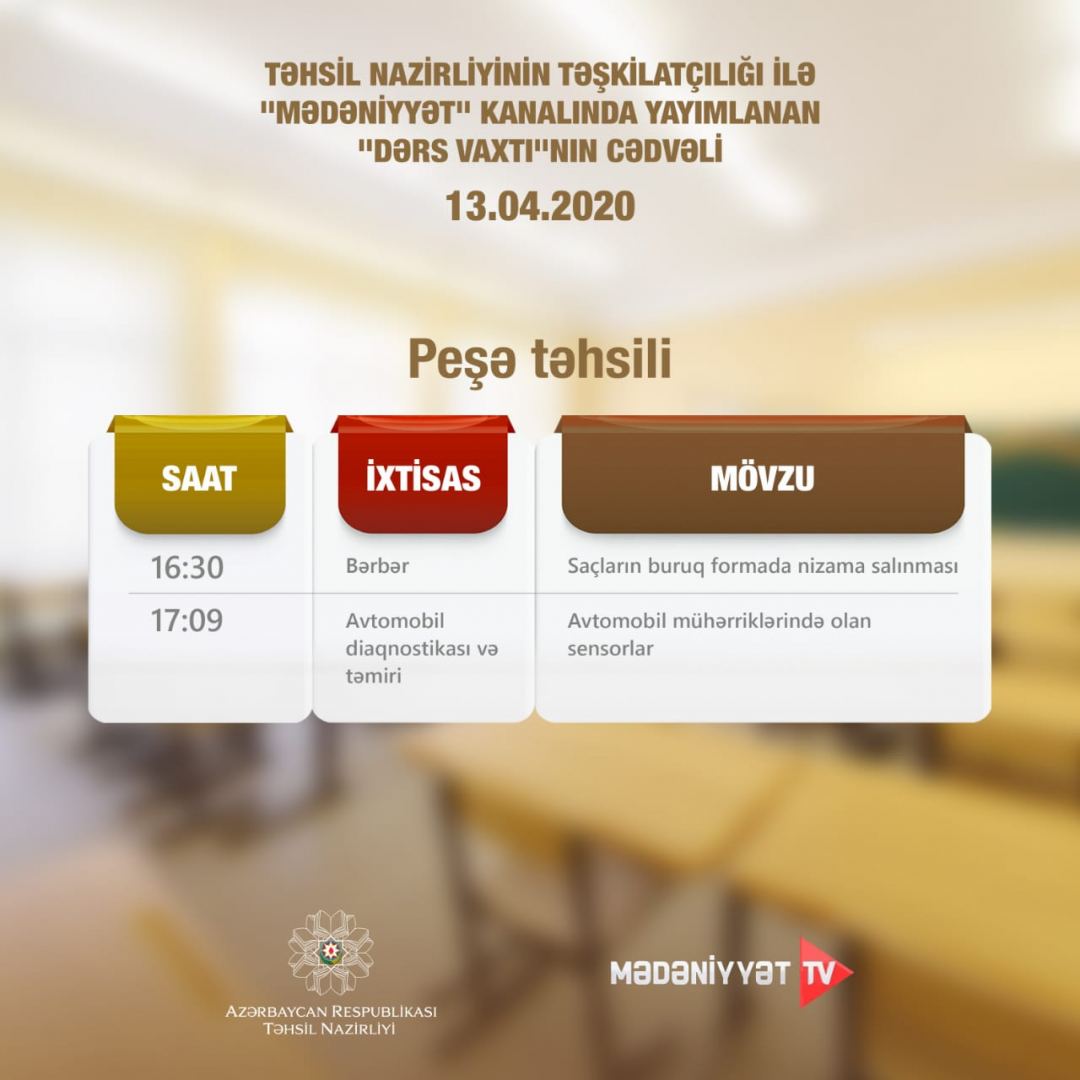 Peşə təhsili üzrə teledərsin sabaha olan cədvəli 