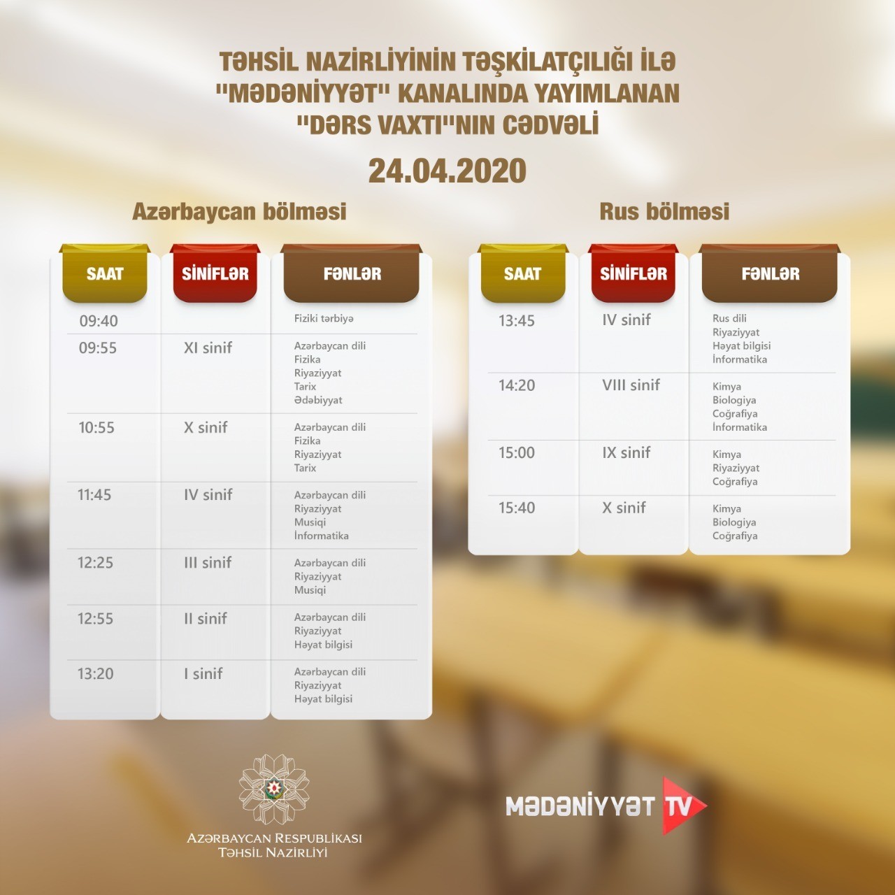 Teledərslərin bu günə olan cədvəli 
