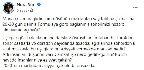 Nura Suri tətilə 30 gün qalmış məktəblərin açılmağından gileyləndi