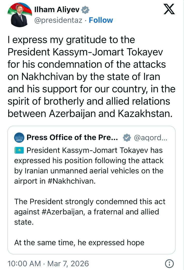 İlham Əliyev Qazaxıstan Prezidentinə təşəkkür etdi