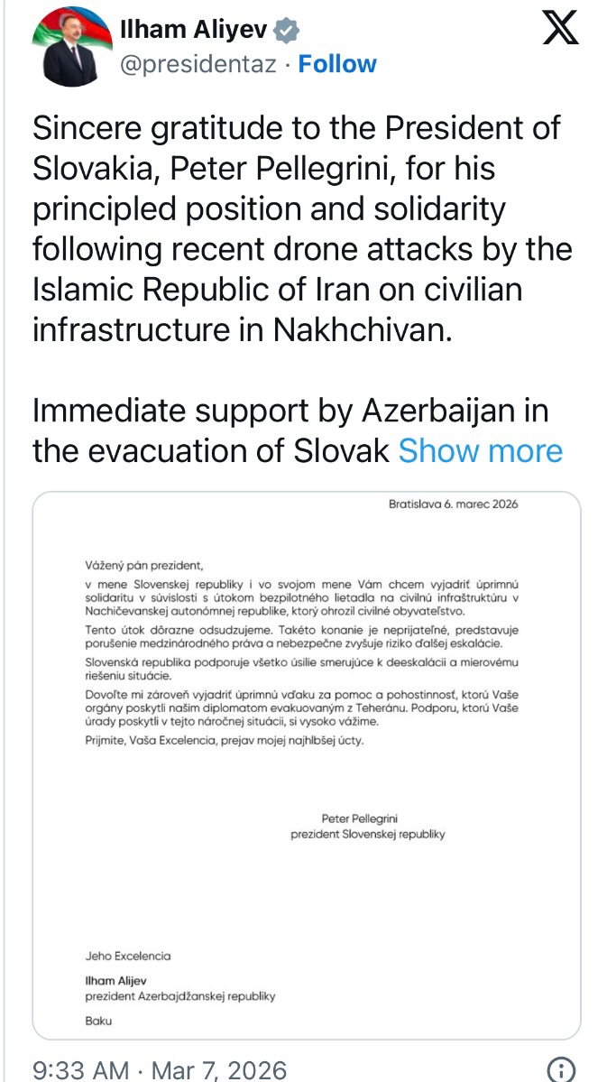 İlham Əliyev Slovakiya Prezidentinə təşəkkür etdi