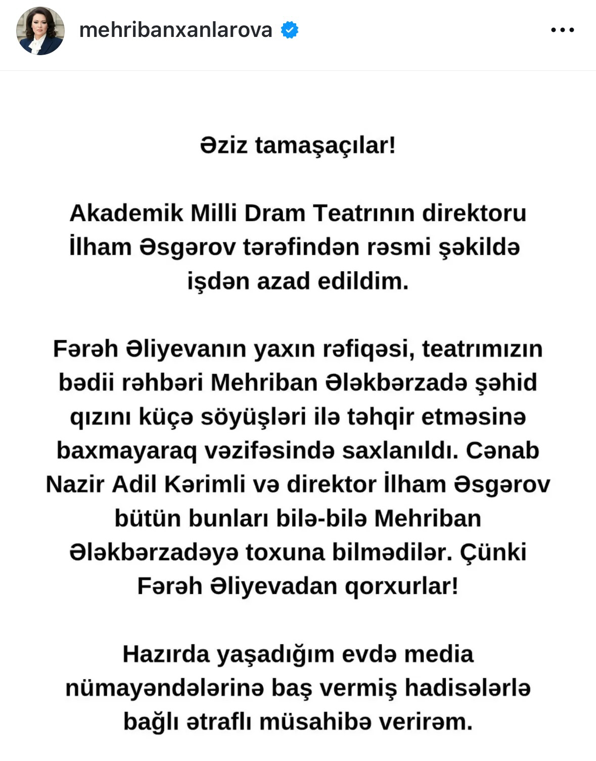 Mehriban Xanlarova işdən çıxarıldı