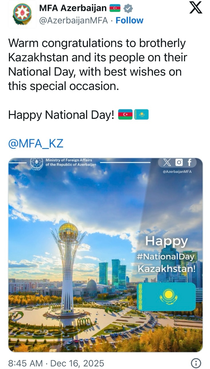 Azərbaycan XİN Qazaxıstanı Milli Günü münasibətilə təbrik etdi